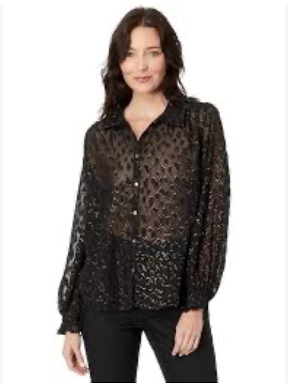 Vince Camuto Metallic Sheer Button Front Blouse in Black Size Medium